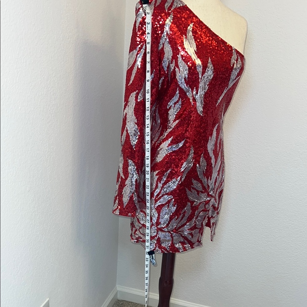 Fashion Nova Red and Silver Asymmetrical Ruched Dress - Picture 5 of 9